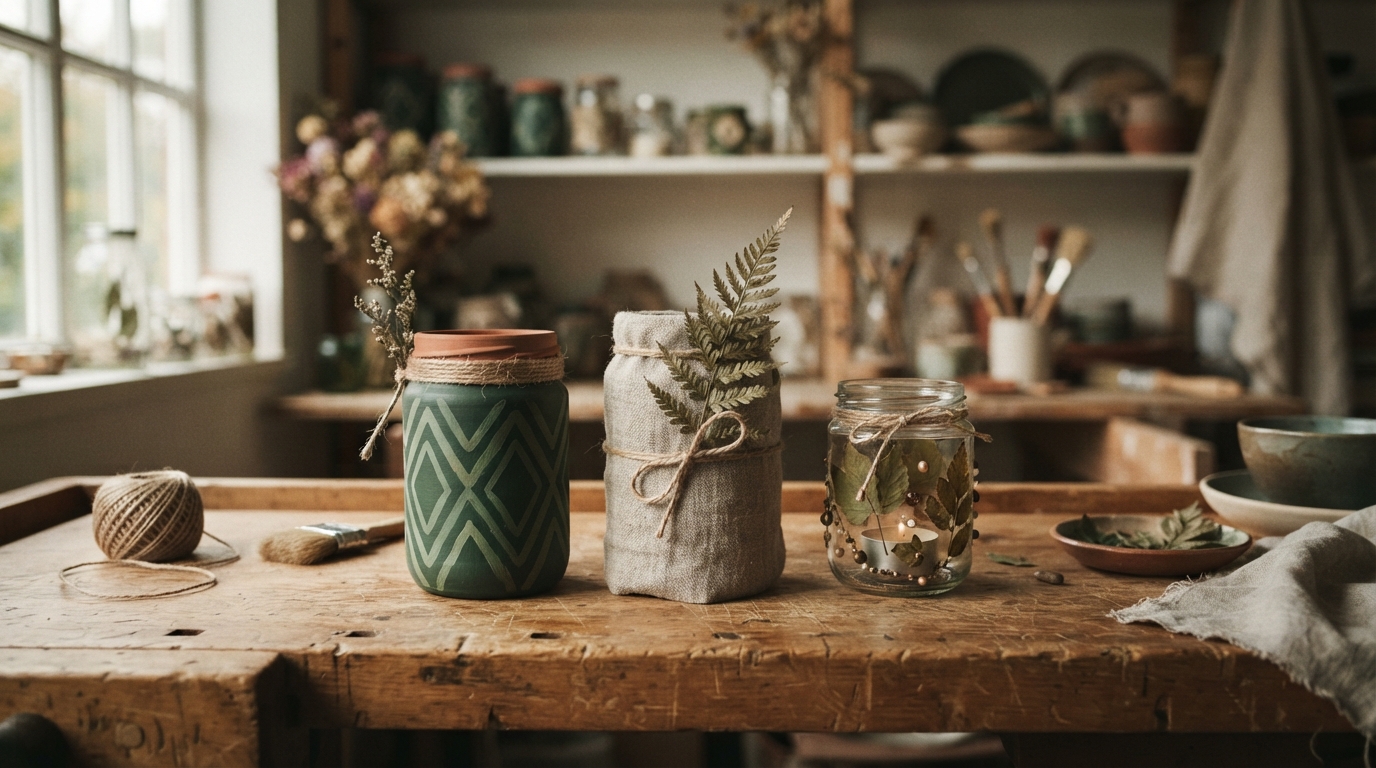 Editorial illustration for Paint, Wrap, or Embellish: How to Choose the Right Upcycled Glass Jar Technique for Your Style and Skill Level